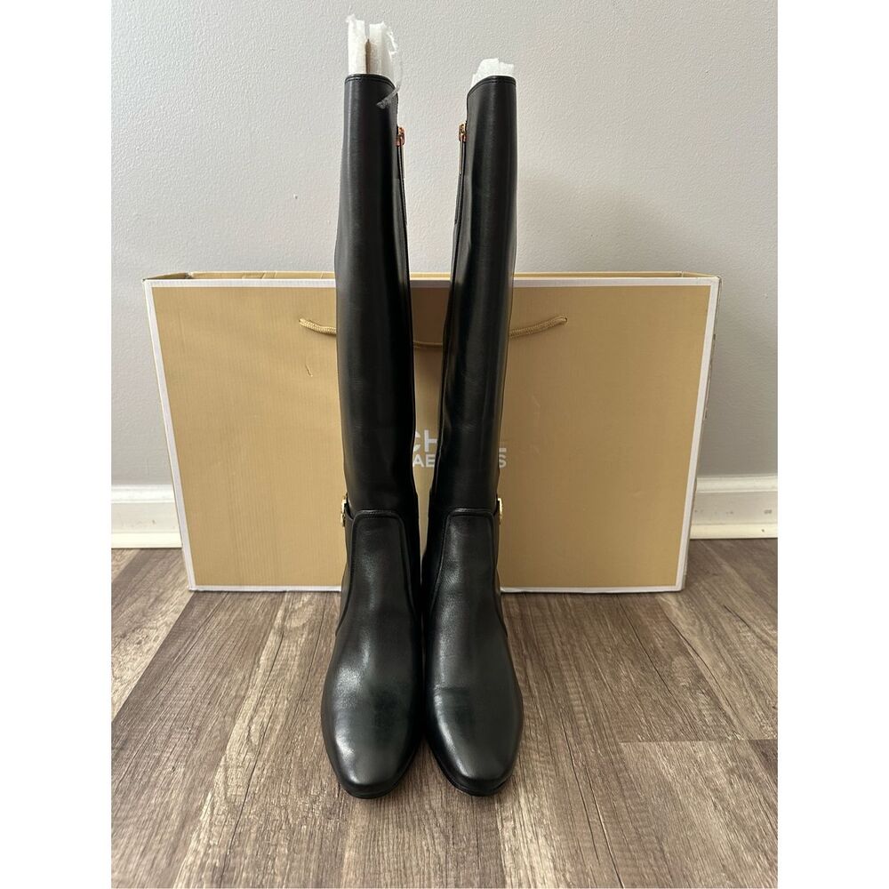 Michael Kors Side Zip Logo Buckle Carmen Leather Tall Riding Boots Black Sz 7.5M - Picture 5 of 12